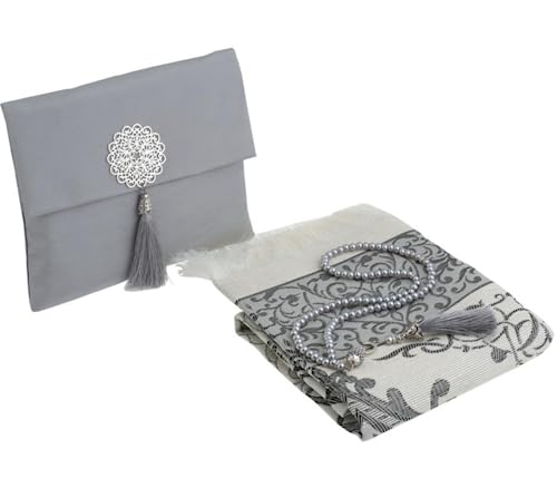 Turkish Cotton Prayer Rug Set with Tasbih Beads and Portable Travel Bag