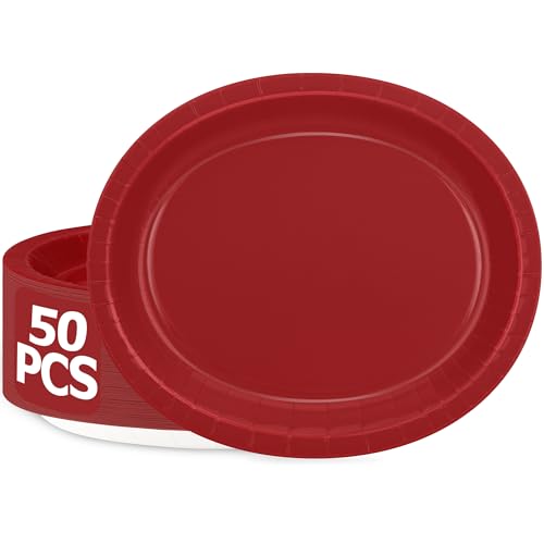 Red Paper Plates 50 Count 12.2 x 10.2 Inch Heavy-Duty Disposable Dinnerware - Perfect for Parties & Events
