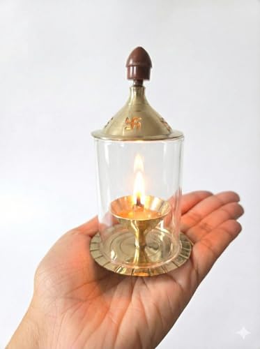 Brass Akhand Jyoti Diya Oil Lamp with Glass Wind Protector (4 Inch)
