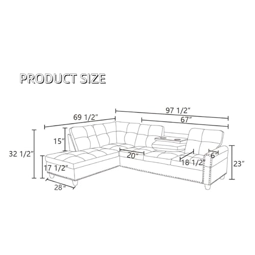 Modern L-Shaped Sectional Sofa with Cup Holders and Chaise, Black