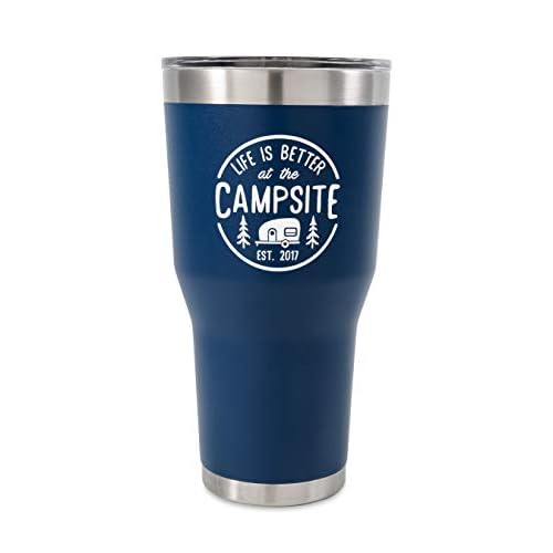 Camco Life is Better at The Campsite Tumbler | Heavy Duty Double Wall Vacuum Insulation | Crafted of 18/8 Stainless Steel | Unique ¡°Life is Better at The Campsite¡± Design on Navy | 30-oz (53324)