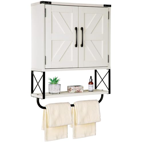 Farmhouse Medicine Cabinet with Barn Doors and Towel Rack, Wood Wall Storage