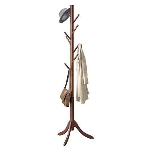 Adjustable Bamboo Freestanding Coat Rack with 8 Hooks for Entryway