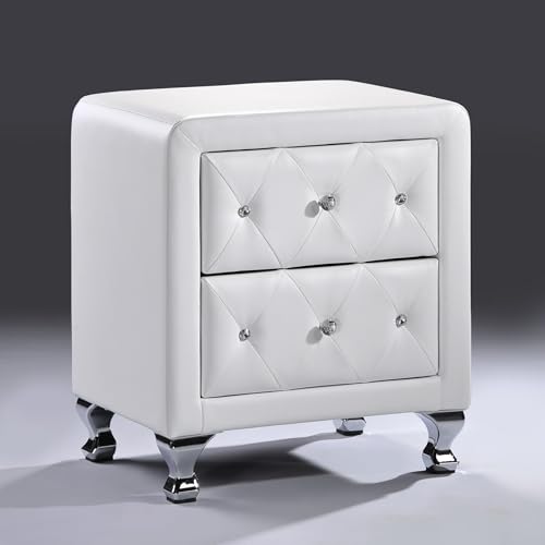 Tufted 2-Drawer Nightstand in White Faux Leather with Crystal Buttons