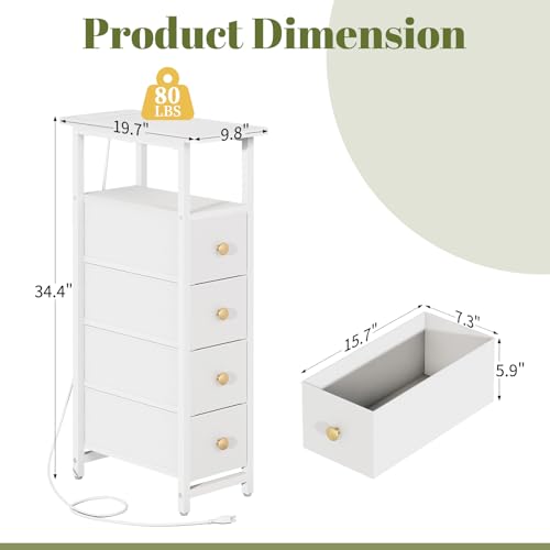 Tall Narrow Nightstand with Charging Station, LED Lighting & 4 Fabric Drawers