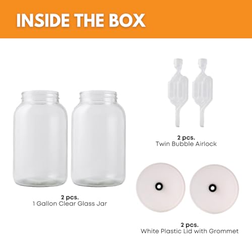 FastRack 1 Gallon Mason Jar Wide Mouth & Twin Bubble Airlock (Pack of 2) | for Fermentation, Pickling, Brewing & Dry Storage – BPA-Free One Gallon Glass Jar with Lid