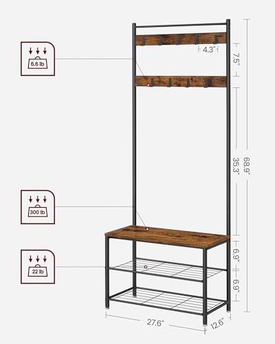 3-in-1 Industrial Hall Tree with Shoe Storage Bench and 9 Coat Hooks