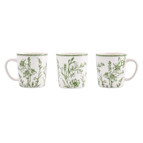 Bico Green Garden Toile de Jouy 18 oz Mugs Set of 4 – Lead-Free Ceramic Coffee Tea Cups with Large Handles