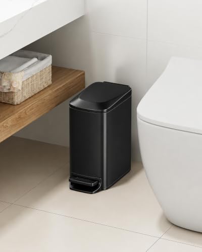 Small Bathroom Trash Can with Lid 1.6 Gal Slim Matte Black Steel
