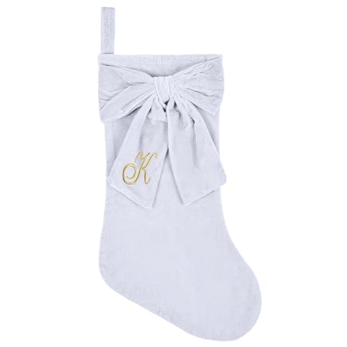 Lamthy 19-Inch White Velvet Christmas Stocking with Elegant Bow - Monogram K