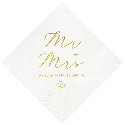 Gold Foil Mr & Mrs Wedding Cocktail Napkins 3-Ply 100 Count - Welcome Party Decor