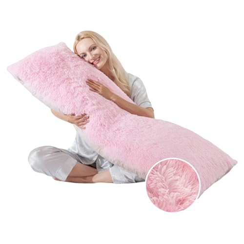 Fluffy Full Body Pillow with Memory Foam, Pink 20x54 - Removable Cover & Machine Washable