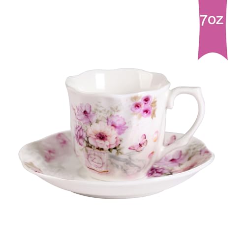 GuangYang 7 oz Porcelain Tea Cup & Saucers Set - Elegant Floral Pattern, Pack of 6