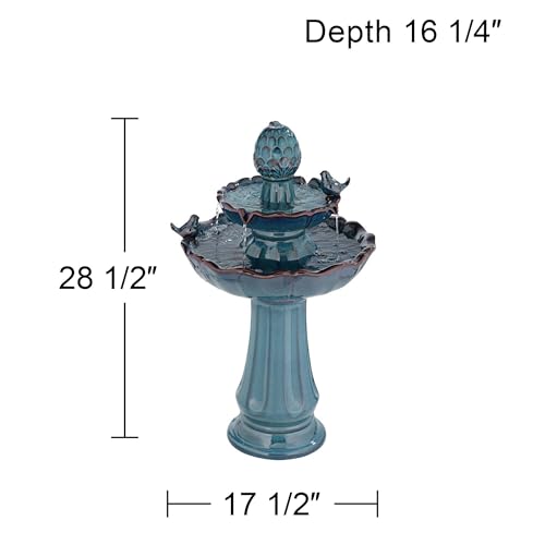 28-Inch Turquoise Ceramic 2-Tier Outdoor Fountain with Bird Statuettes