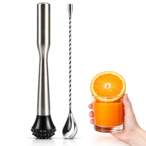 LEGERM 12-Inch Stainless Steel Cocktail Muddler & Bar Spoon Set for Mojitos, Lime & Fruit Drinks