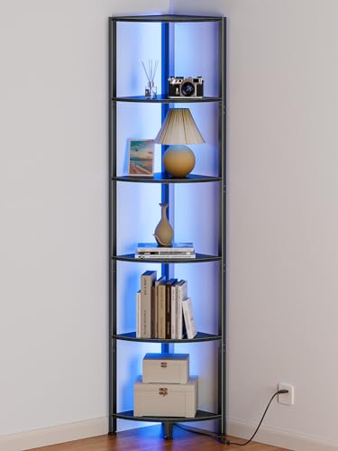 6 Tier Corner Shelf with LED Light, 67.5 Inch Black Tall Bookshelf and Storage Rack for Living Room