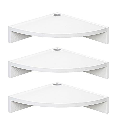 3-Pack Floating Corner Wall Shelves with Cable Management - White Wood