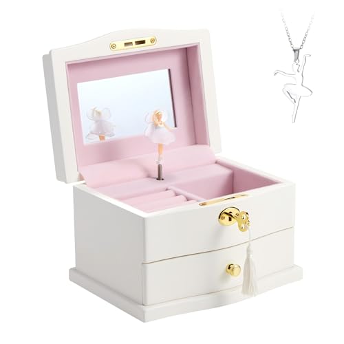Wooden Musical Jewelry Box with Spinning Ballerina, Mirror and 2 Drawers