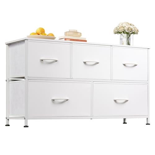 5-Drawer Wide Storage Dresser Chest with Fabric Bins & Wood Top - White