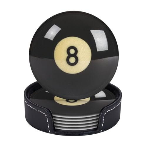Sunwarshile Black 8 Billiard Leather Coaster Set with Holder, Round Drink Mats for Home & Bar