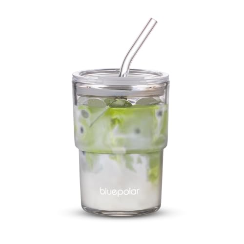 13oz Glass Iced Coffee Tumbler with Lid and Straw, Leak-Proof Travel Cup