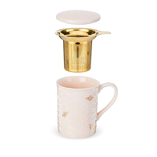 Honeycomb Pink 12oz Ceramic Tea Cup with Infuser & Lid - Travel Mug Set of 1