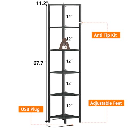6 Tier Corner Shelf with LED Light, 67.5 Inch Black Tall Bookshelf and Storage Rack for Living Room
