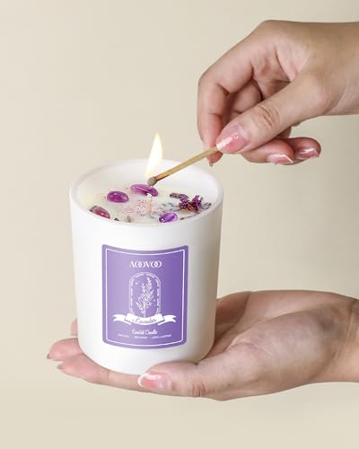 Lavender Scented Soy Candle with Crystals & Dried Flowers - 10oz Aromatherapy