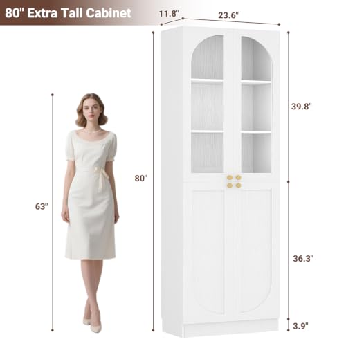 80-Inch Tall Kitchen Pantry Cabinet with Arched Glass Doors and Shelves