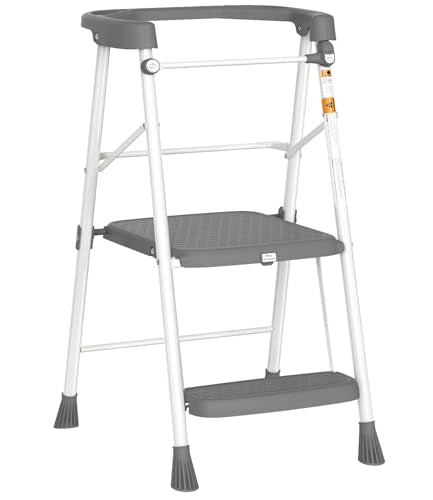Foldable Toddler Tower Step Stool with Safety Railing, Gray Kitchen Helper