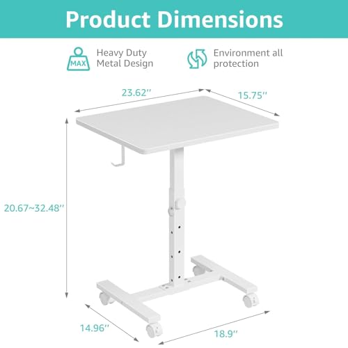 Adjustable Rolling Laptop Desk, C-Shaped Mobile Bedside Table with Wheels