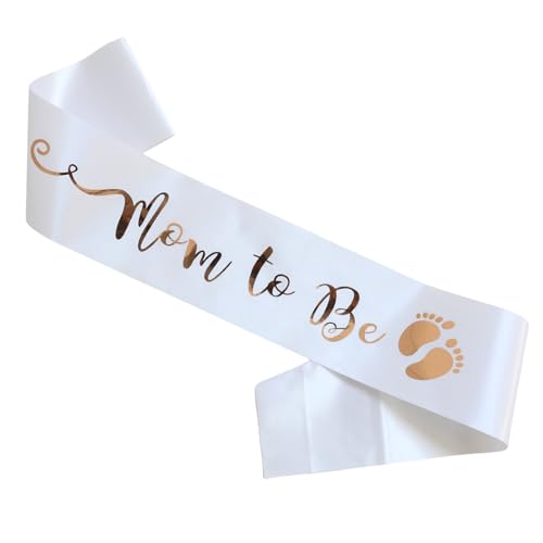 Mom To Be Sash - White Satin with Gold Print for Baby Shower
