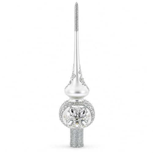 White Jewels Star on Glossy Silver Glass Christmas Tree Topper 11 Inches