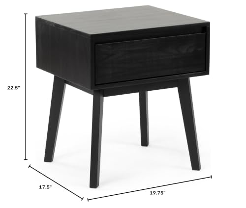 Scandinavian Solid Wood Nightstand with Drawer, Black