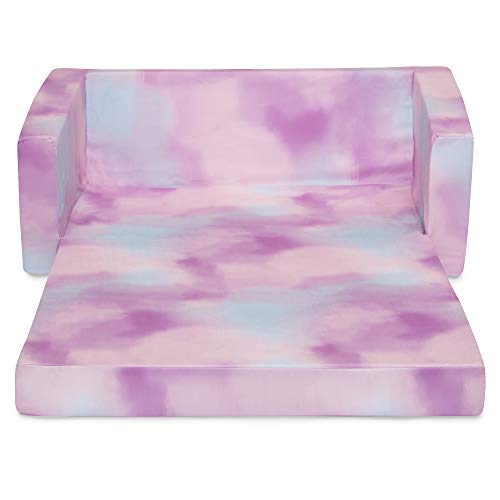 Delta Children Cozee 2-in-1 Extra Wide Convertible Sofa to Lounger-Comfy Flip Open Couch/Sleeper for Kids, Pink Tie Dye