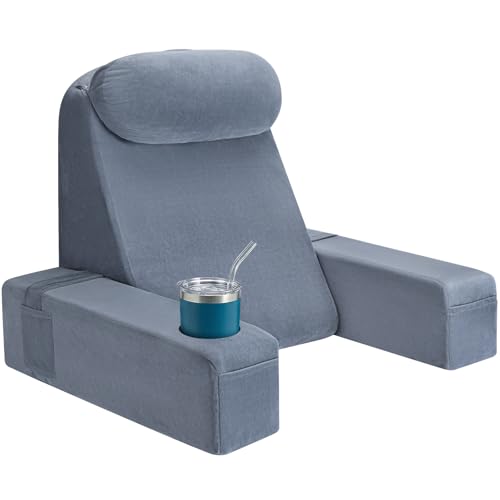 21-Inch Reading Pillow with Detachable Arms and Cup Holder - Gray