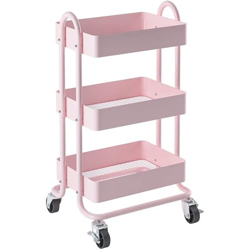 3-Tier Pink Metal Rolling Utility Cart with Wheels - 13.4" x 18.1" x 31"