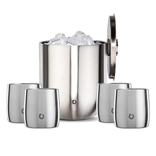 Snowfox Insulated Whiskey & Cocktail Glasses Set with Ice Bucket & Scoop, 11oz & 3L Stainless Steel Bar Accessories