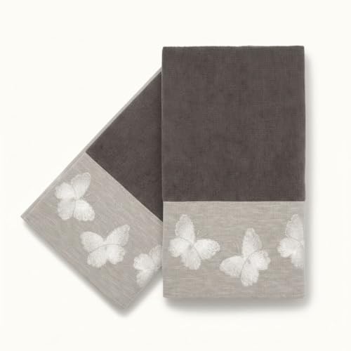 Embroidered Butterfly Fingertip Towels - 100% Cotton Velour, Set of 2