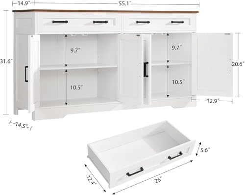55-Inch Farmhouse Buffet Cabinet Sideboard with Drawers & Shelves, White
