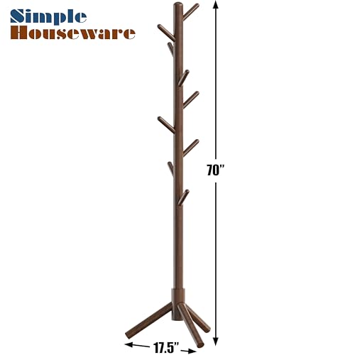 Wooden Coat Rack Stand with 9 Hooks, Adjustable Entryway Hall Tree