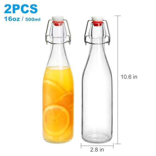 2 Pack Swing Top Glass Bottles 16oz with Airtight Lids for Brewing