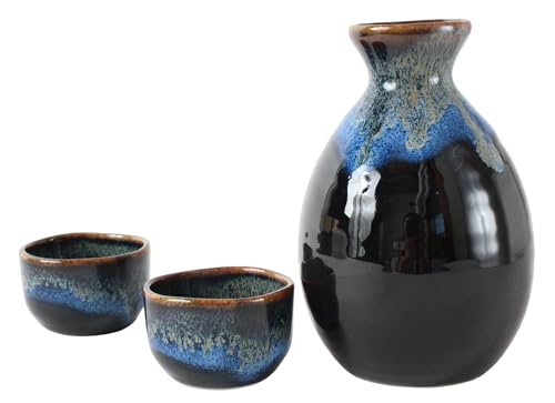 Japanese Mino Ware Sake Set - 1 Bottle & 2 Cups, Traditional Ceramic Drinkware