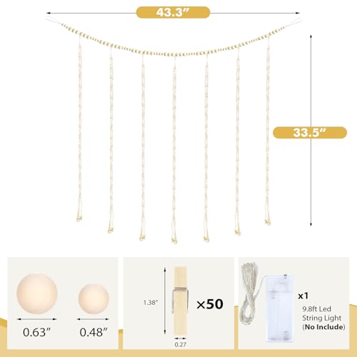 Boho Macrame Hanging Photo Display with LED Lights and 50 Wooden Clips
