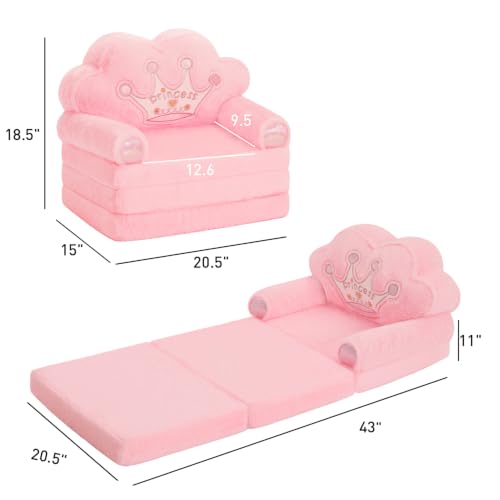 Foldable Toddler Sofa Chair, Soft Rabbit Fur Crown Kids Couch - Pink