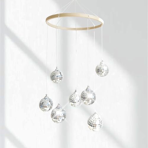 Hanging Disco Ball Mobile with Bamboo Circle for Garden and Patio Decor
