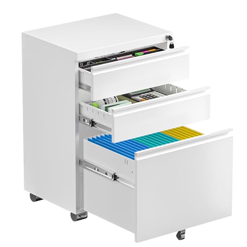 3-Drawer Metal Rolling File Cabinet with Lock, Under Desk Storage for Office