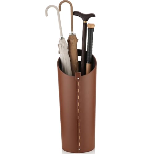 Modern Brown Leather Umbrella Stand with Drip Tray for Entryway