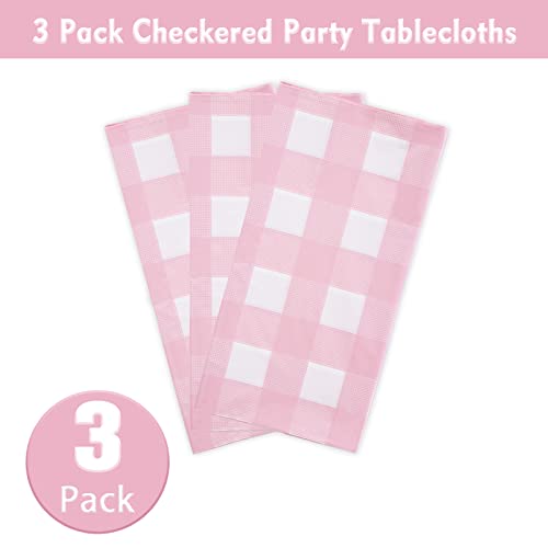 Pink Gingham Disposable Tablecloths 3-Pack - 54 x 108 Inch Checkered Party Cover