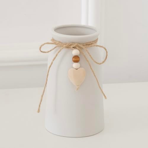 6-Inch White Ceramic Vase with Jute Rope & Heart Charm for Boho Decor